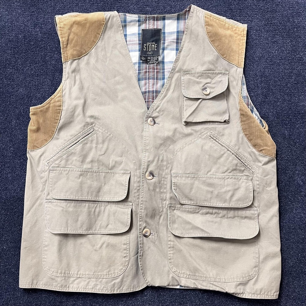 Jonathan Stone Vest Mens Big 1X Beige Cotton Quilted Outdoor Hunting Pockets